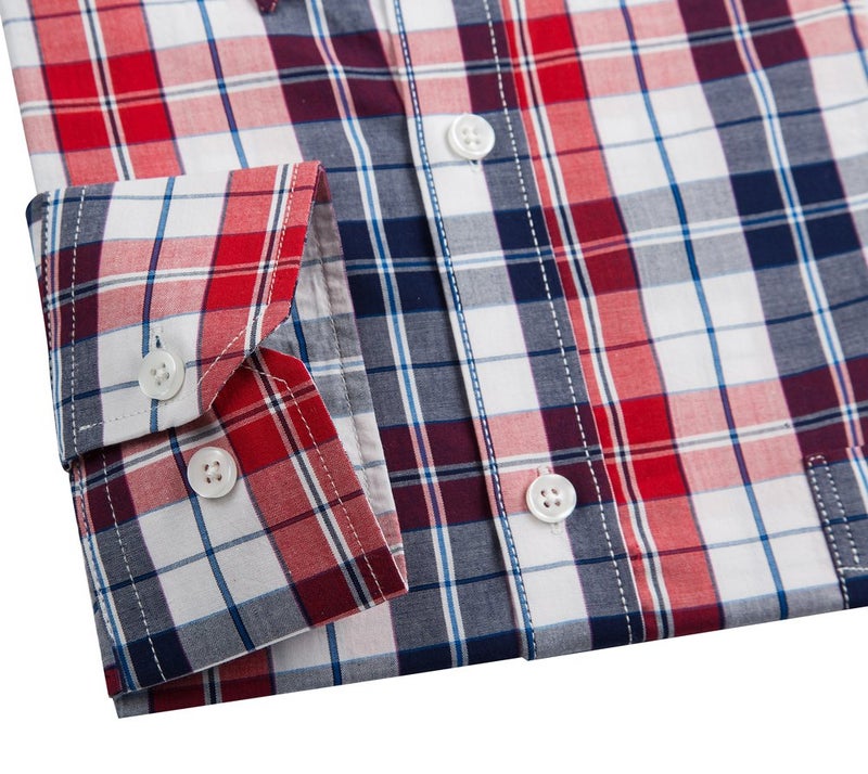 Double Pump Mens Button Down Shirts Cotton Long Sleeve Shirts Regular Fit, Red Navy Check-SL02A,Small - Image 3